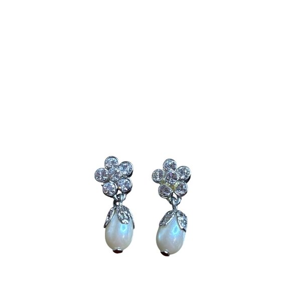 Floral Rhinestone Faux Pearl Bead Drop Earrings Silvertone Retro Minimalist - Picture 1 of 2